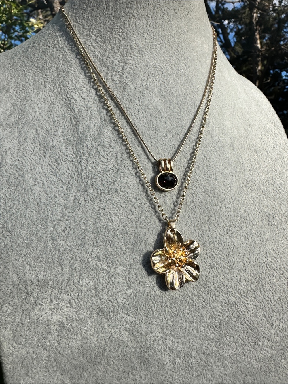 Goldtone Flower Pendant Necklace Stack - Women Jewelry